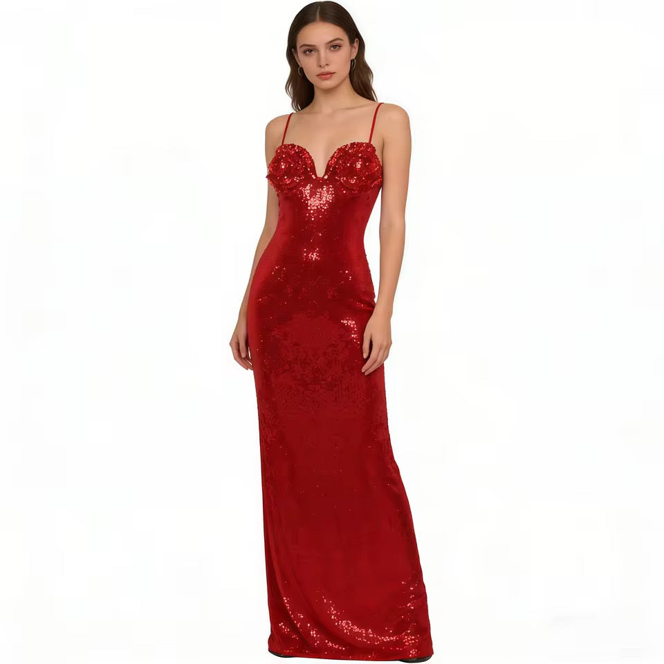 Red Spaghetti Strap Heart Neck Sequin 3D Rose Ruched Slit Mid Dress