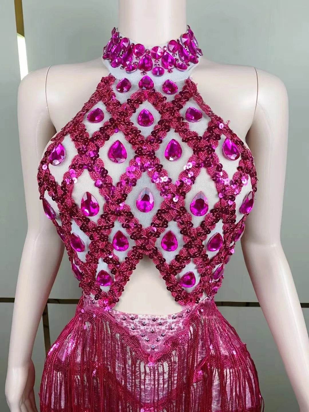 Halterneck Rhinestone Fringe Dress - REBECATHELABEL