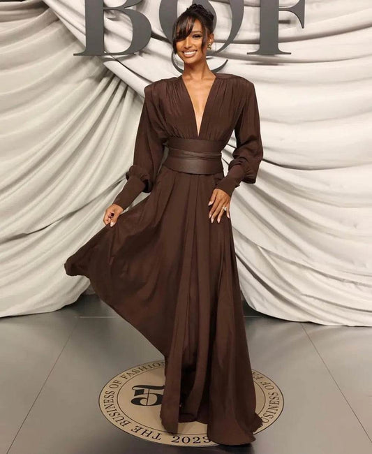 V-neck, High Waist Belt, Long Sleeves Dress - REBECATHELABEL