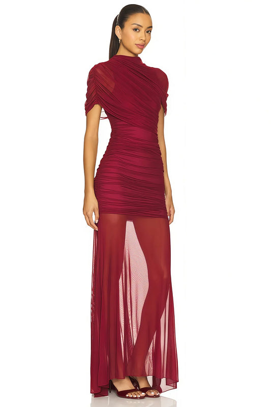 Red Asymmetrical Ruched Mesh Maxi Dress