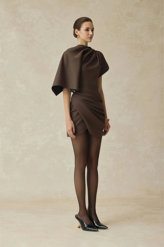 Brown Asymmetrical Gathered Mini Dress