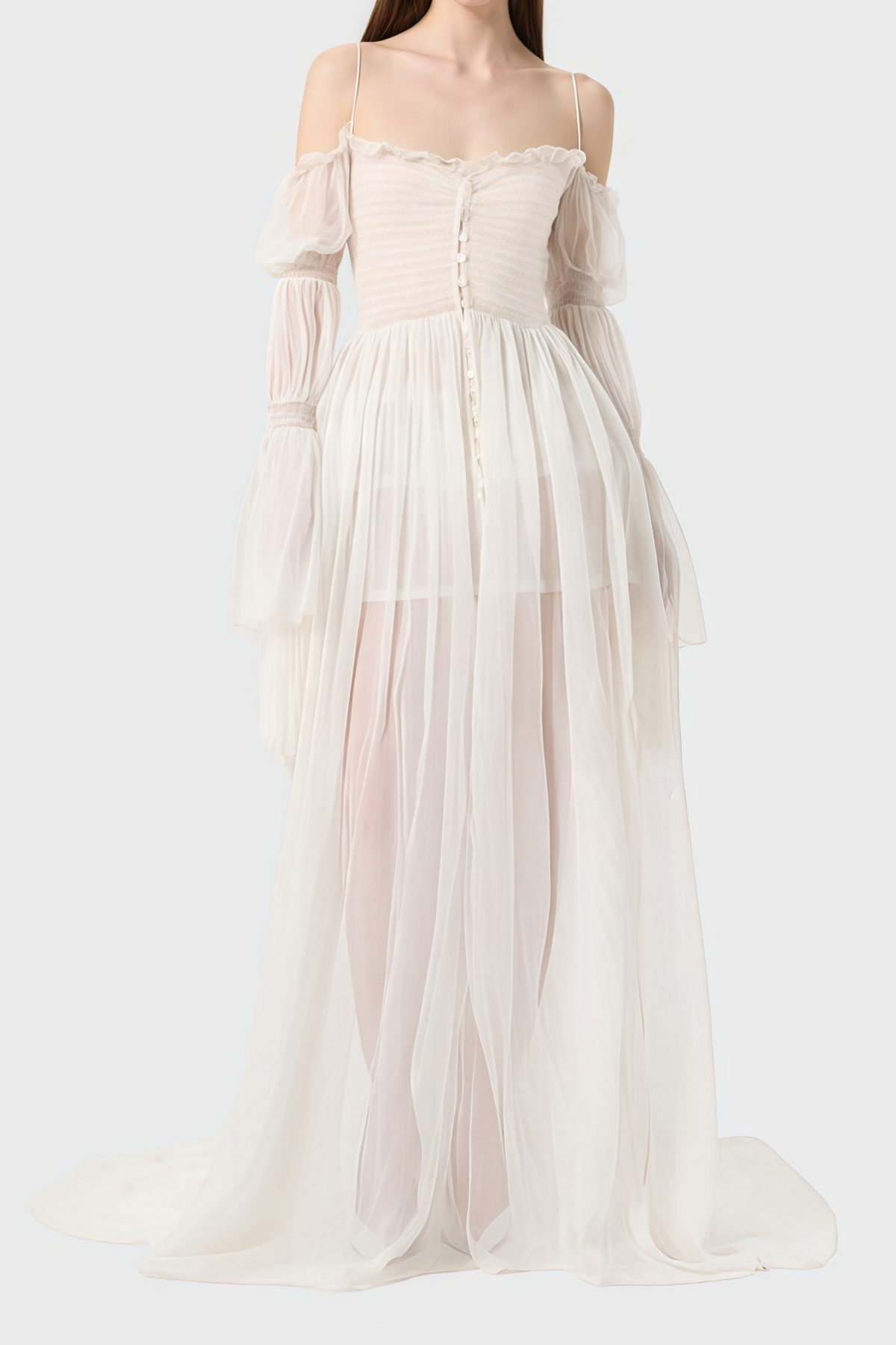 White Smocked Shirred Chiffon Maxi Dress