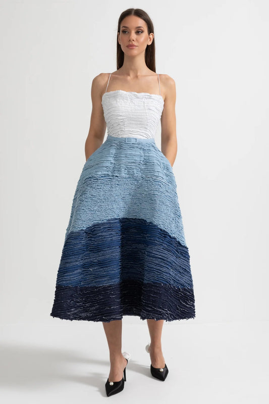 OMBRE MIDI DRESS WITH TEXTURED LAYERED FABRIC - WHITE/BLUE