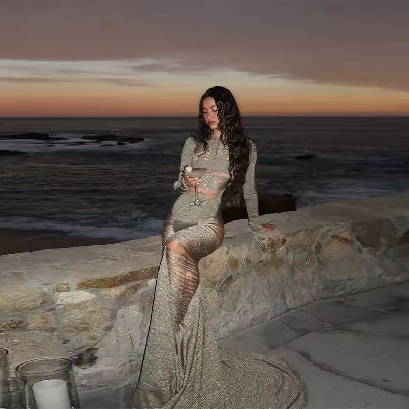 Hollow Out Backless Dress Full Sleeve Slim Floor-length Dress