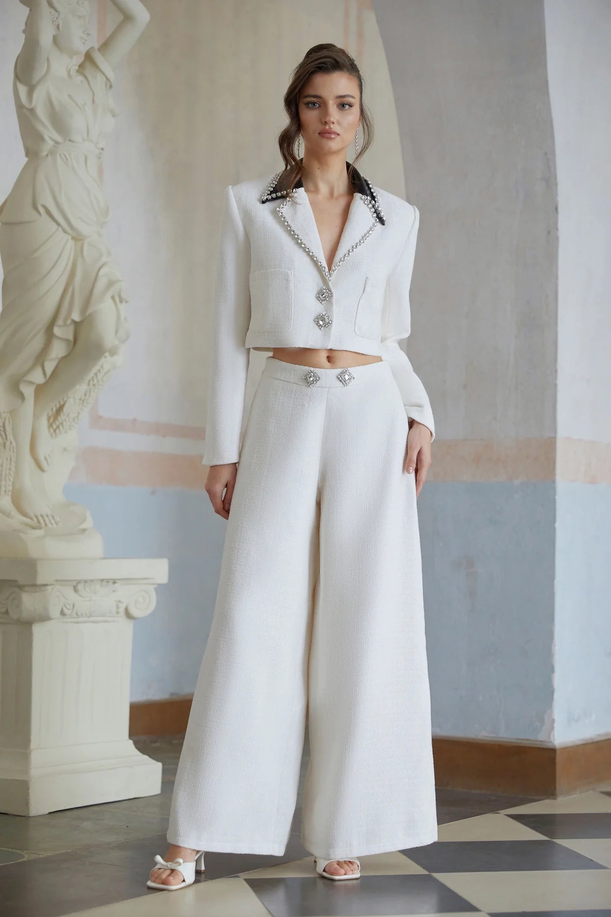 White Embellished Tweed Jacket & Trousers Set