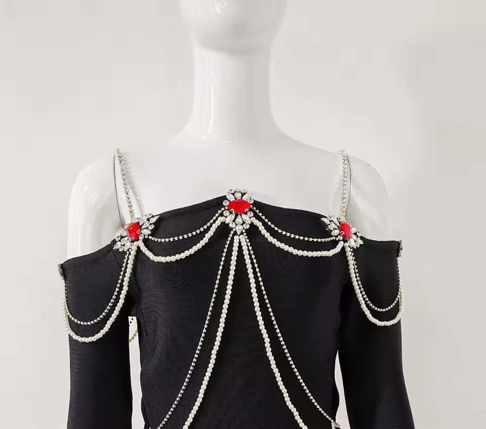 Off the Shoulder Diamond Bead Chain Bodycon Mini Bandage Dress