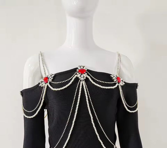 Off the Shoulder Diamond Bead Chain Bodycon Mini Bandage Dress