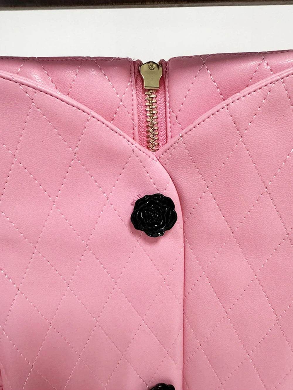 Pink Diamond Quilted Short Leather Jacket Leather Mini Skirt set - REBECATHELABEL