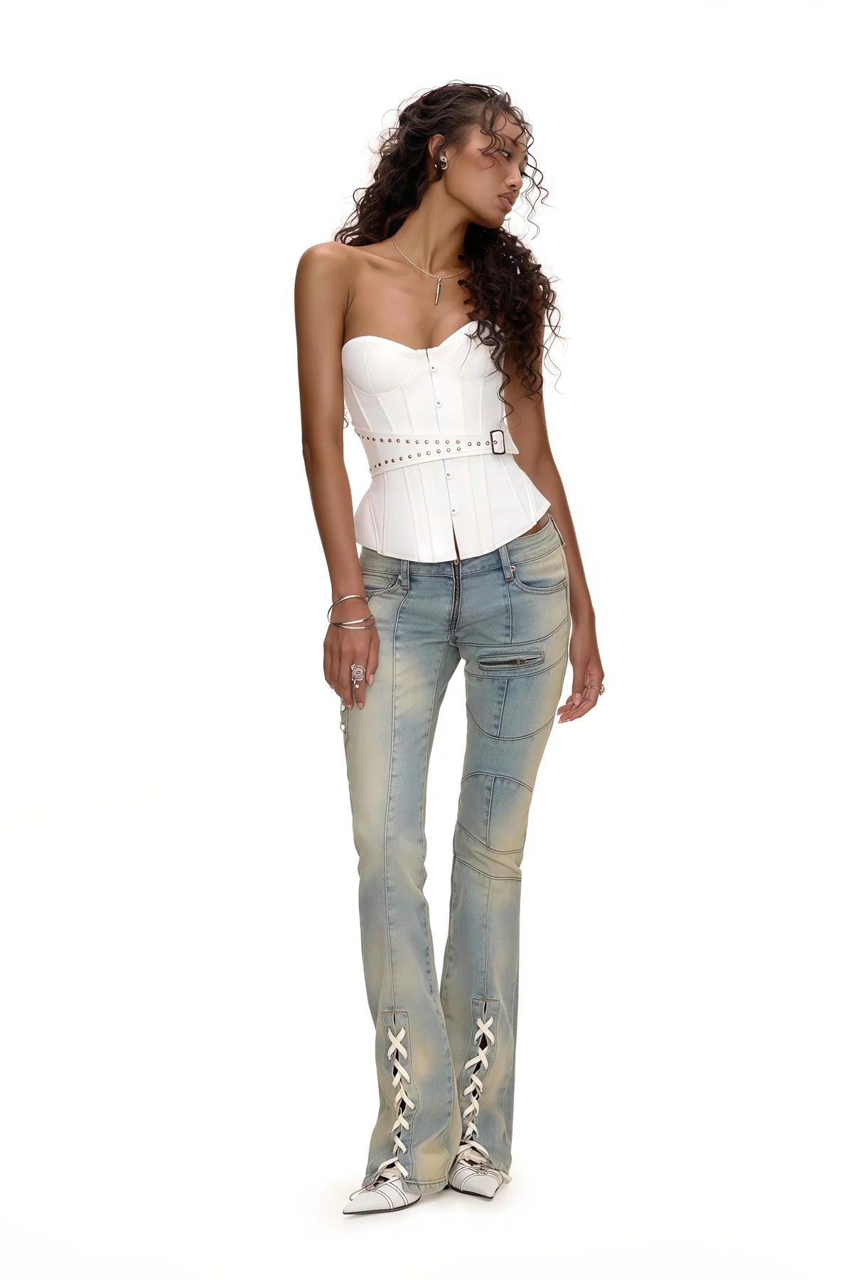 White Studded Belted Corset Top