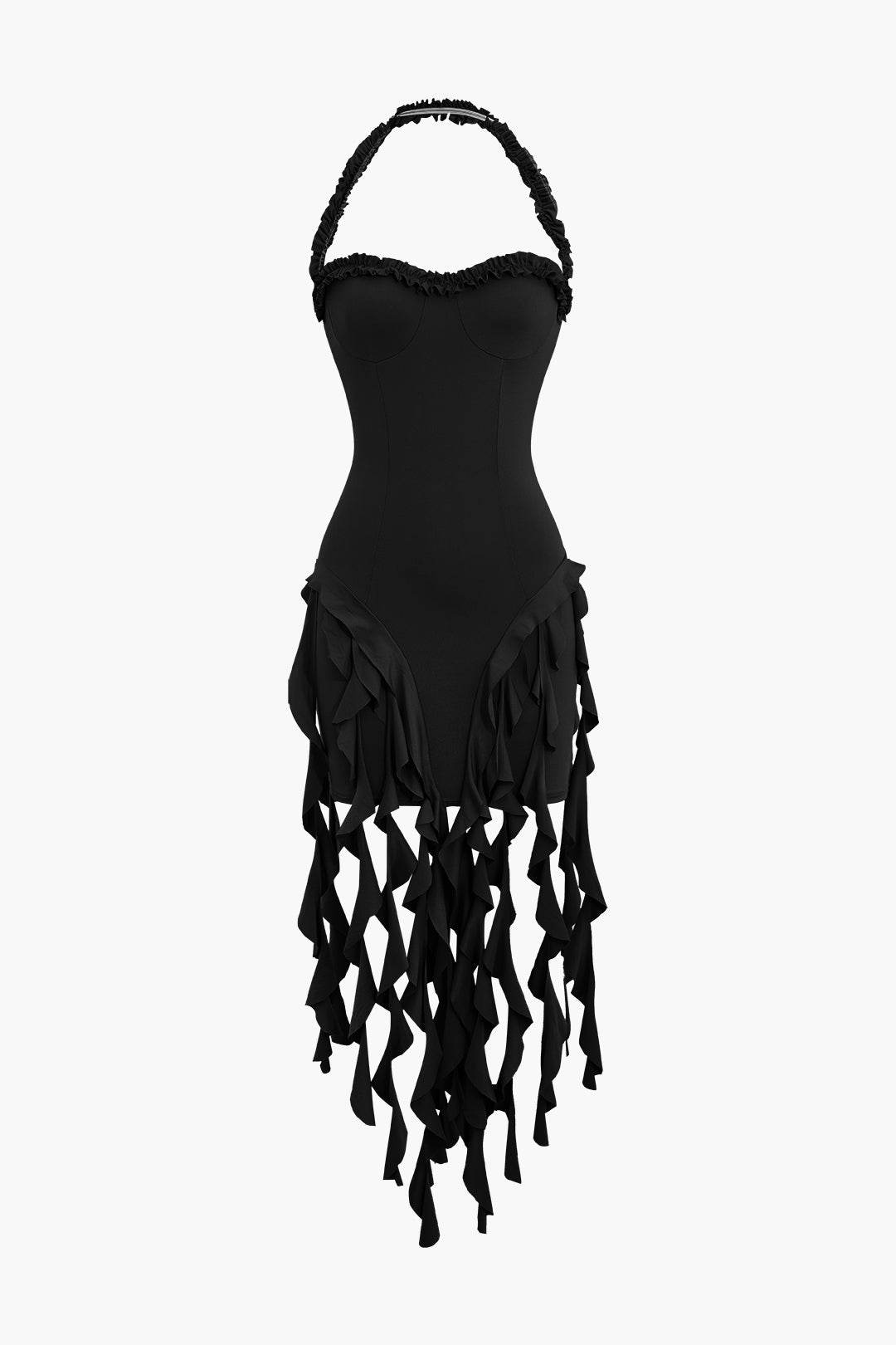 Ruffle Tassel Halter Bustier Mini Dress - REBECATHELABEL