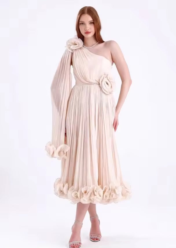 One Shoulder Tea Length Backless Zipper Wrinkle dress