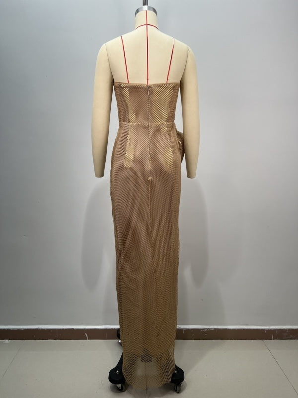 Tube Top Beaded Slim Bag Hip Split Sequined Party Dinner Evening Dress