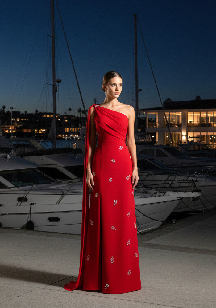 Cape Sleeve Crystal Maxi Dress Red