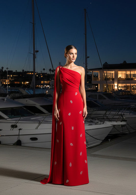 Cape Sleeve Crystal Maxi Dress Red