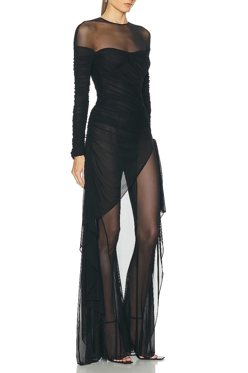 Mesh Long Sleeve Round Neck Ruched Jumpsuit