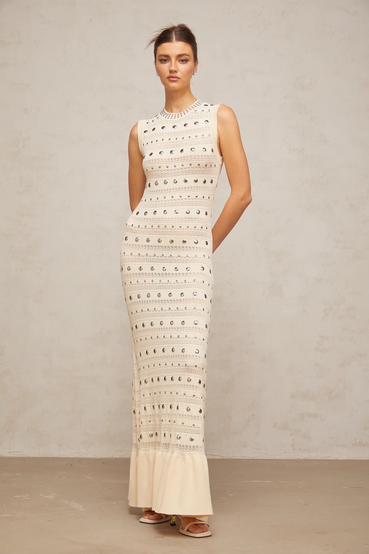 studded crochet-knit maxi dress in Neutrals