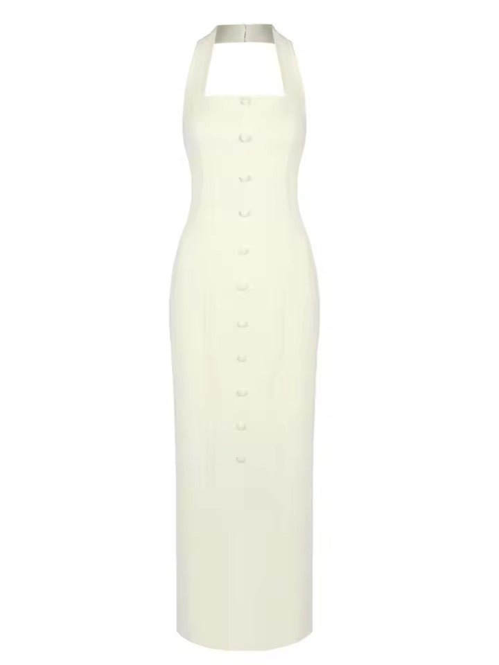 Halter Solid Button Maxi Dress