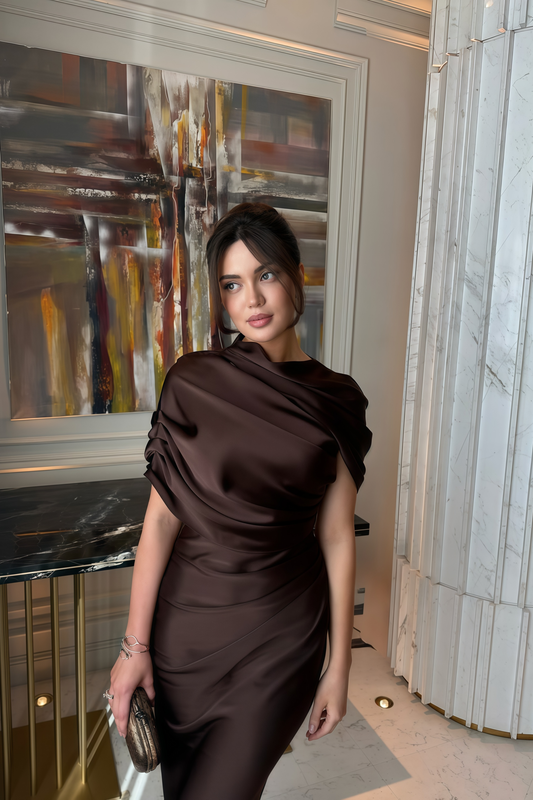 Brown Asymmetrical Gathered Satin Maxi Dress