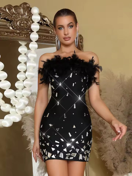 Strapless Bodycon Feather Lenses Mini dress