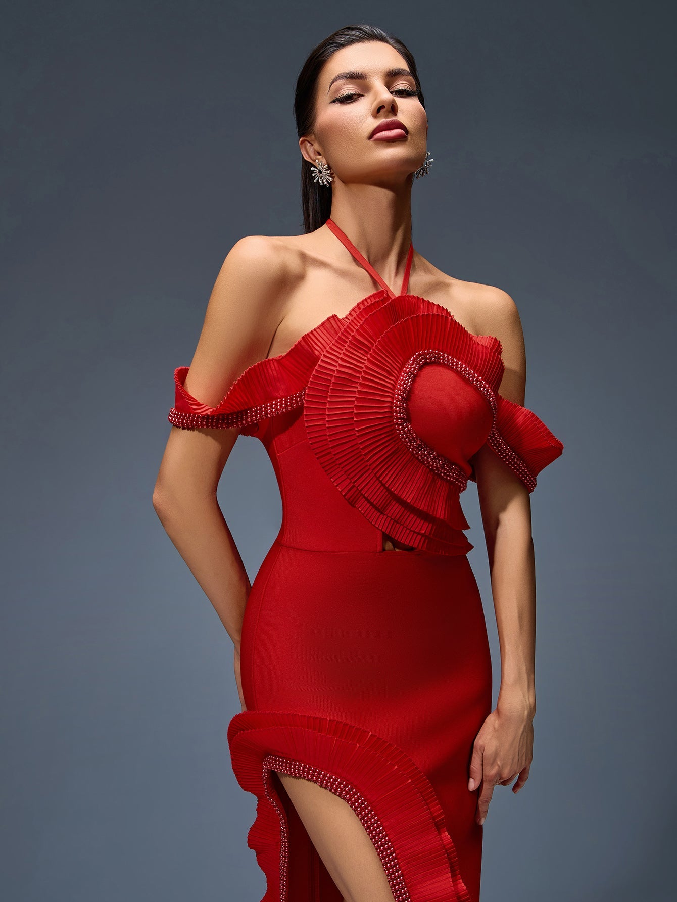 Open Back Halter Pleated dress