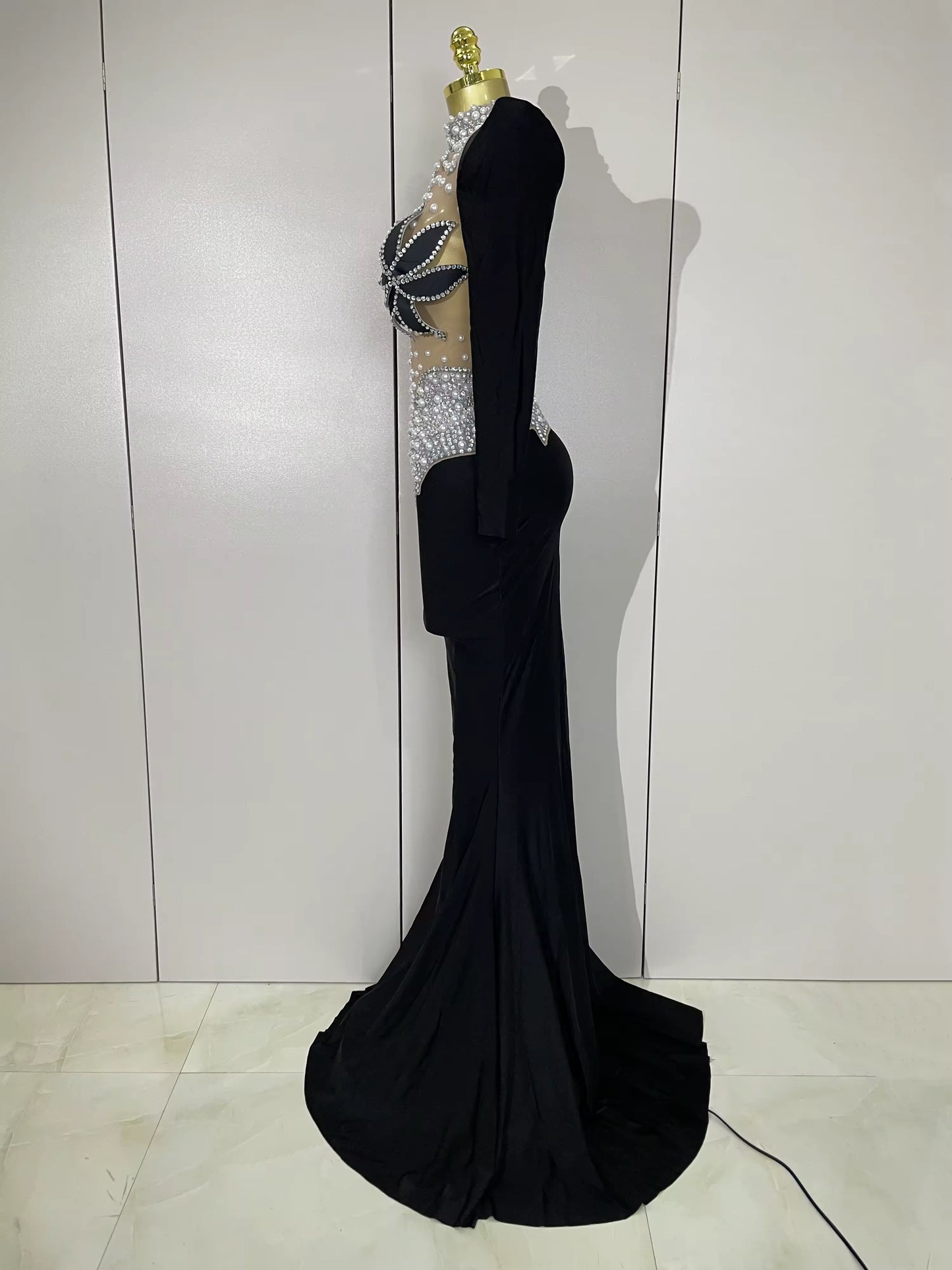 Sparkly Diamonds Pearl Black Sexy See Through Mesh Long Dress