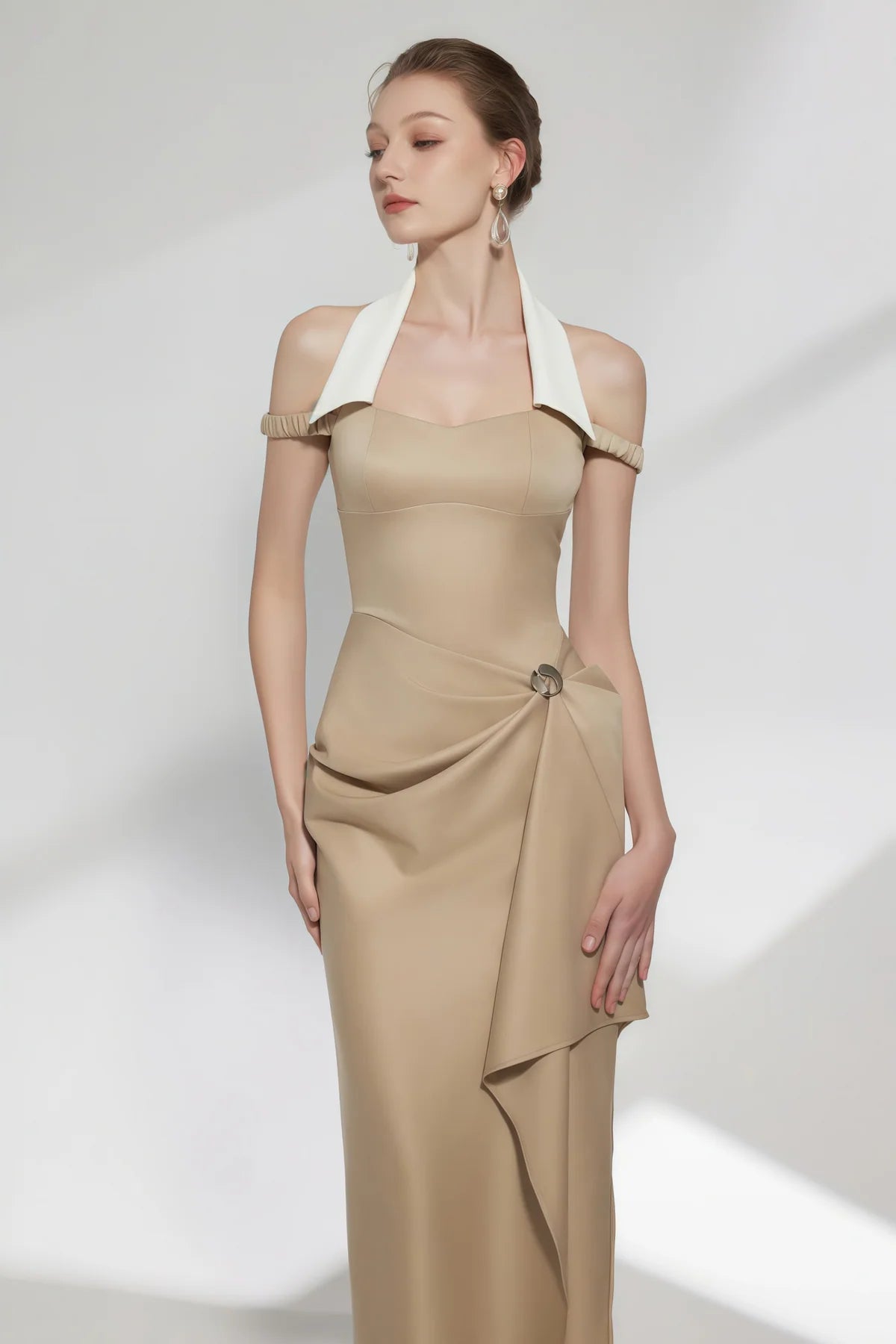 Khaki Halterneck Asymmetrical Gathered Midi Dress