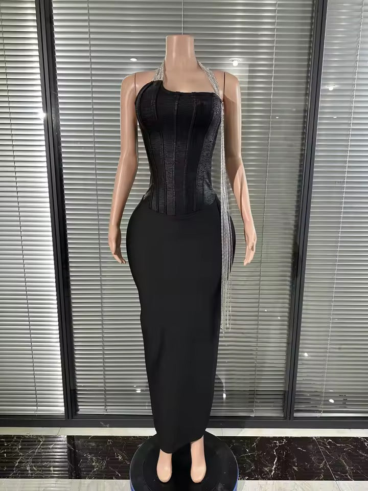 V-Neck Strap Shinning Long Chain  Bodycon Long Bandage Dress with no gloves