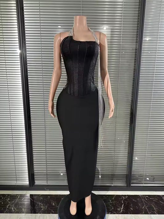 V-Neck Strap Shinning Long Chain  Bodycon Long Bandage Dress with no gloves