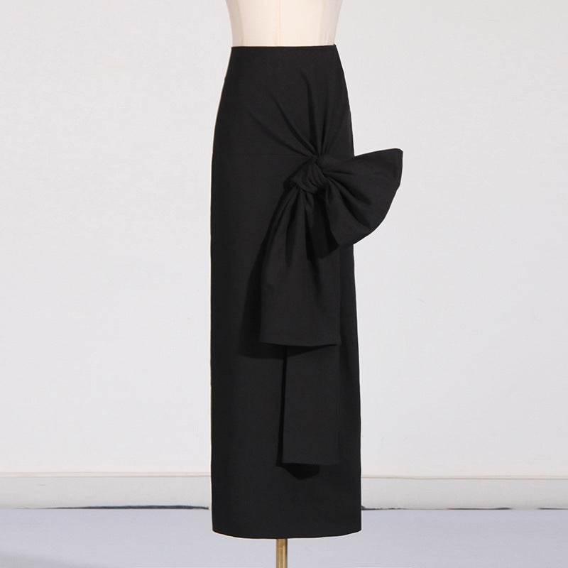 High Waist Slimming Bow Lace Pleated Split Skirt - REBECATHELABEL