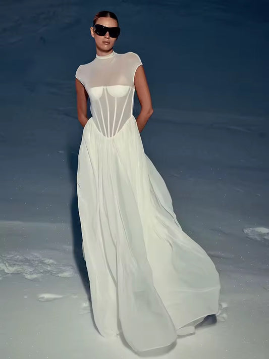 See Through Mesh Slim Fit Oversized Hem Long Maxi Dress