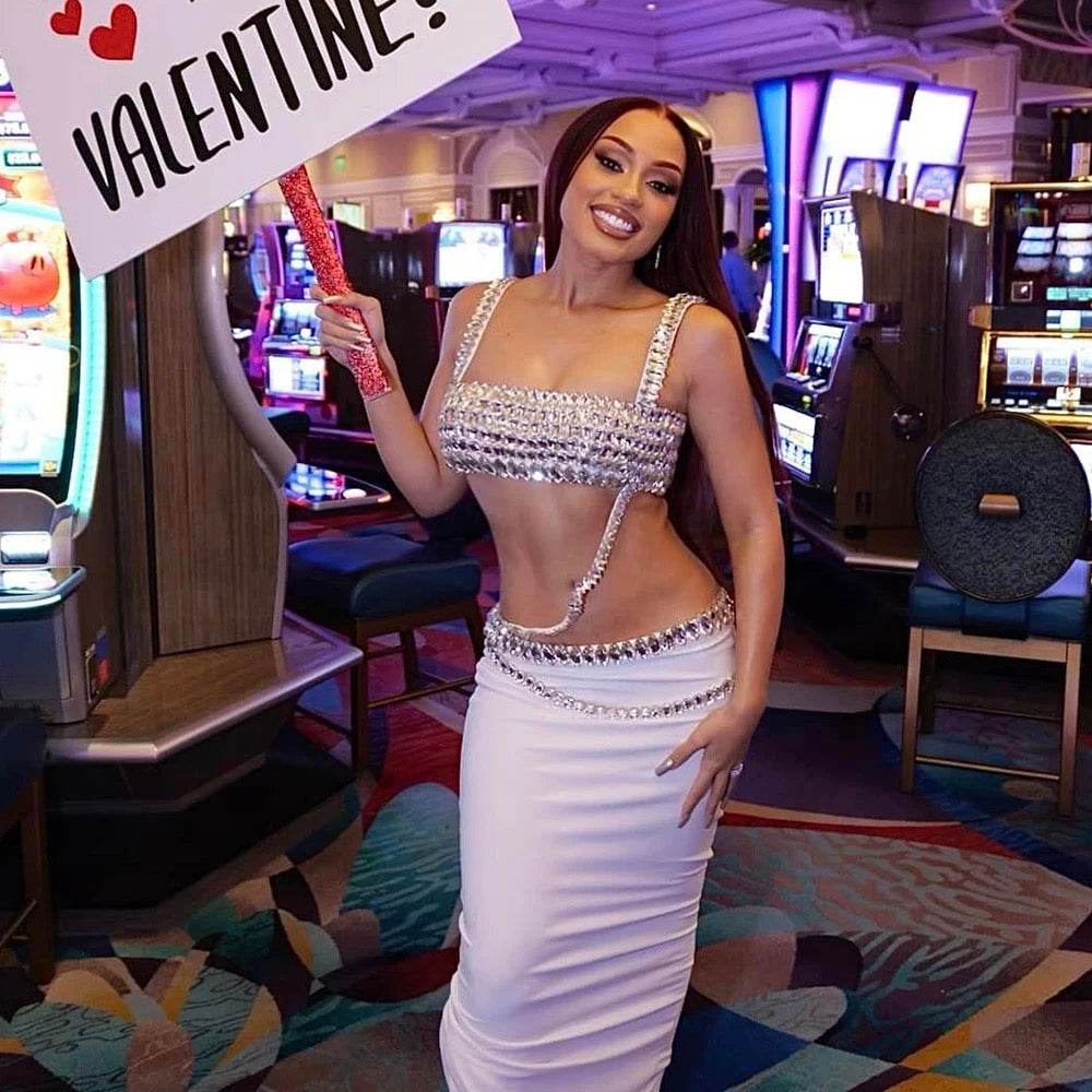 Sparkling Diamond Decoration Short Top Long Skirt Tight 2 set - REBECATHELABEL