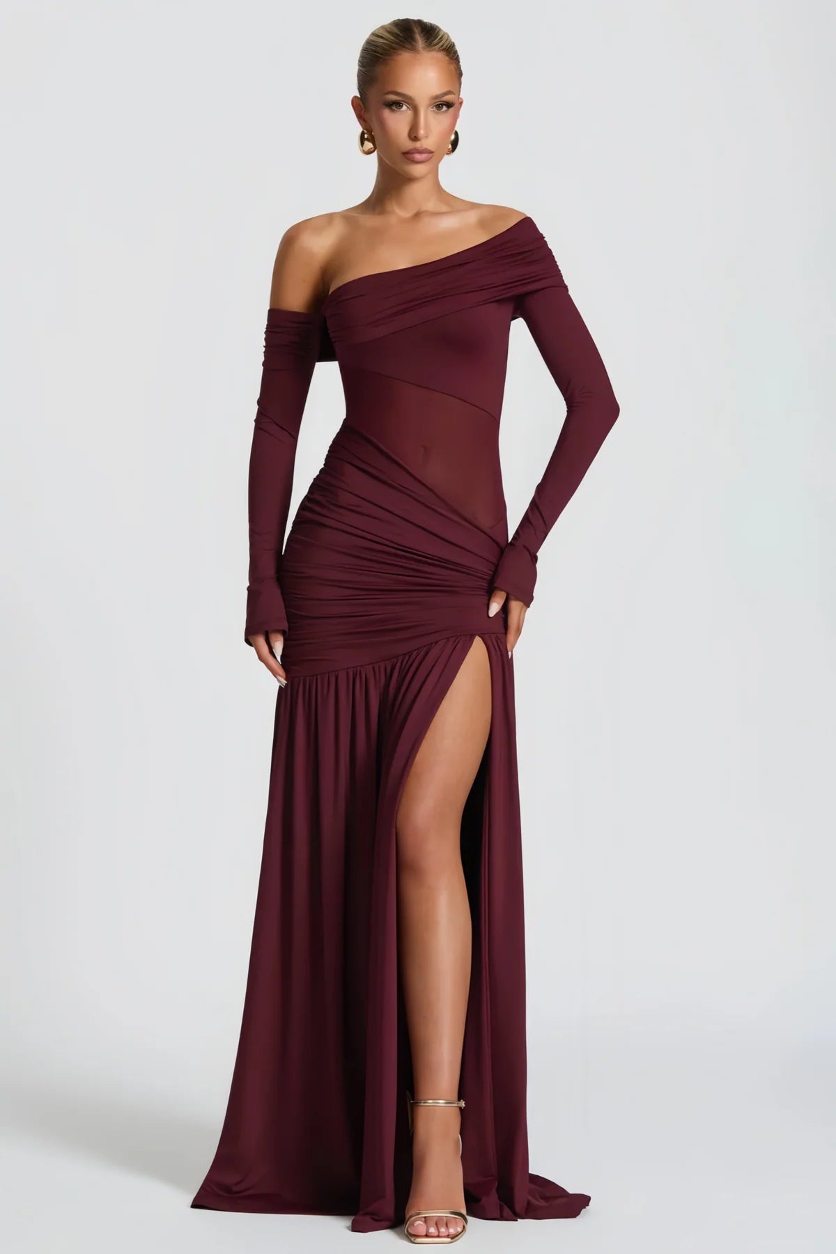 Burgundy One Shoulder Gathered Maxi Dress