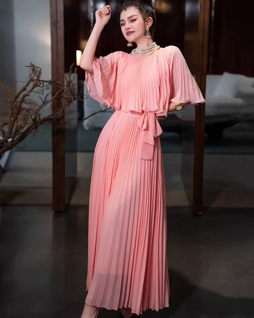 Round Neck Cape Fold Design Slimming Long Dress