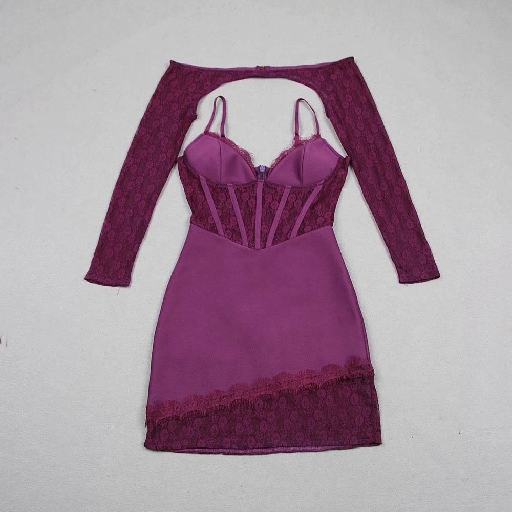 Off the Shoulder Long Sleeve Lace Mini Bandage Dress - REBECATHELABEL