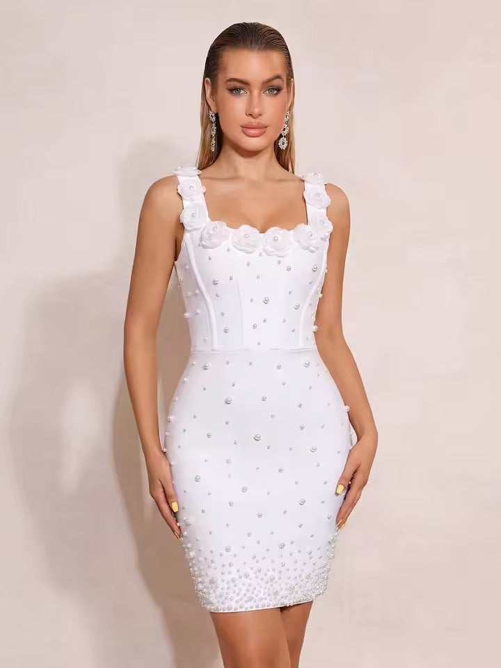 White Pearl Splicing Flowers Bandage Mini Dress Spaghetti Strap Bodycon Party Dress