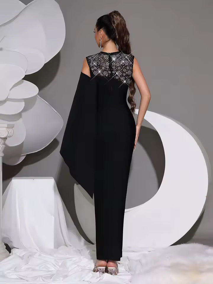 Patchwork Mesh Diamond Sexy One Shoulder Maxi Dress