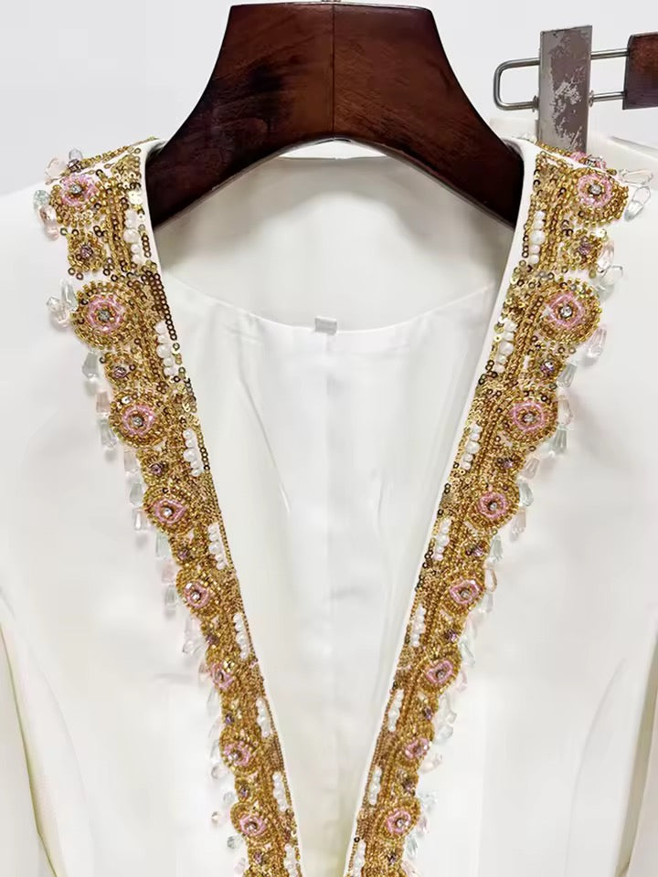 Beaded Suit Zipper Blazer+Wide Leg Pants Two-Piece Set