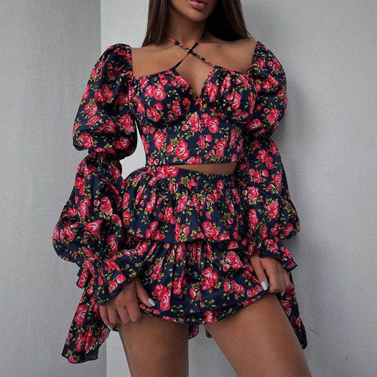 Backless Halter Sling Top Puff Short Skirt Two Piece Set - REBECATHELABEL