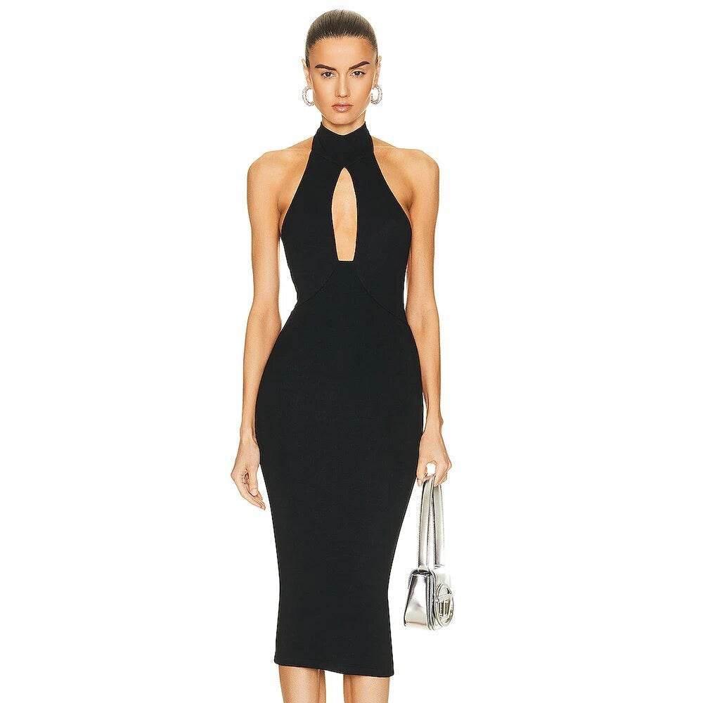 Backless Sleeveless Hollow Fit Midi Bandage Dress - REBECATHELABEL