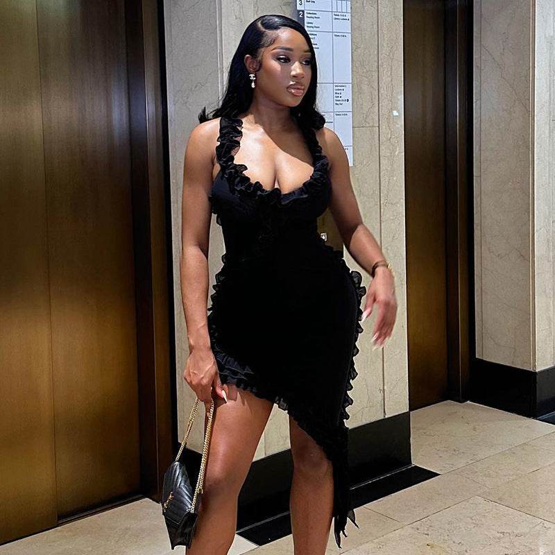 Backless Stitching Lotus Leaf Dress - REBECATHELABEL