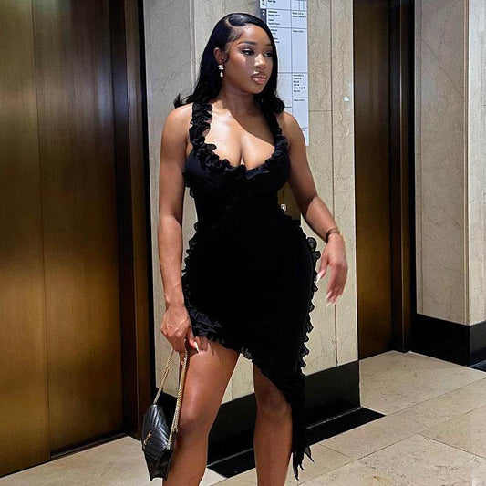 Backless Stitching Lotus Leaf Dress - REBECATHELABEL