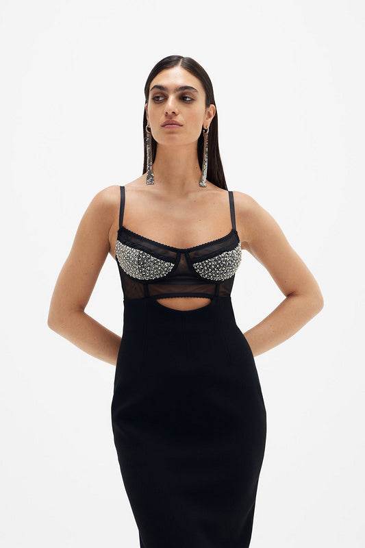 Backless V-neck Sleeveless Beaded Hollow Long Bandage Dress - REBECATHELABEL