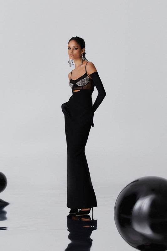 Backless V-neck Sleeveless Beaded Hollow Long Bandage Dress - REBECATHELABEL