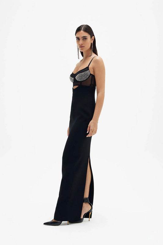 Backless V-neck Sleeveless Beaded Hollow Long Bandage Dress - REBECATHELABEL