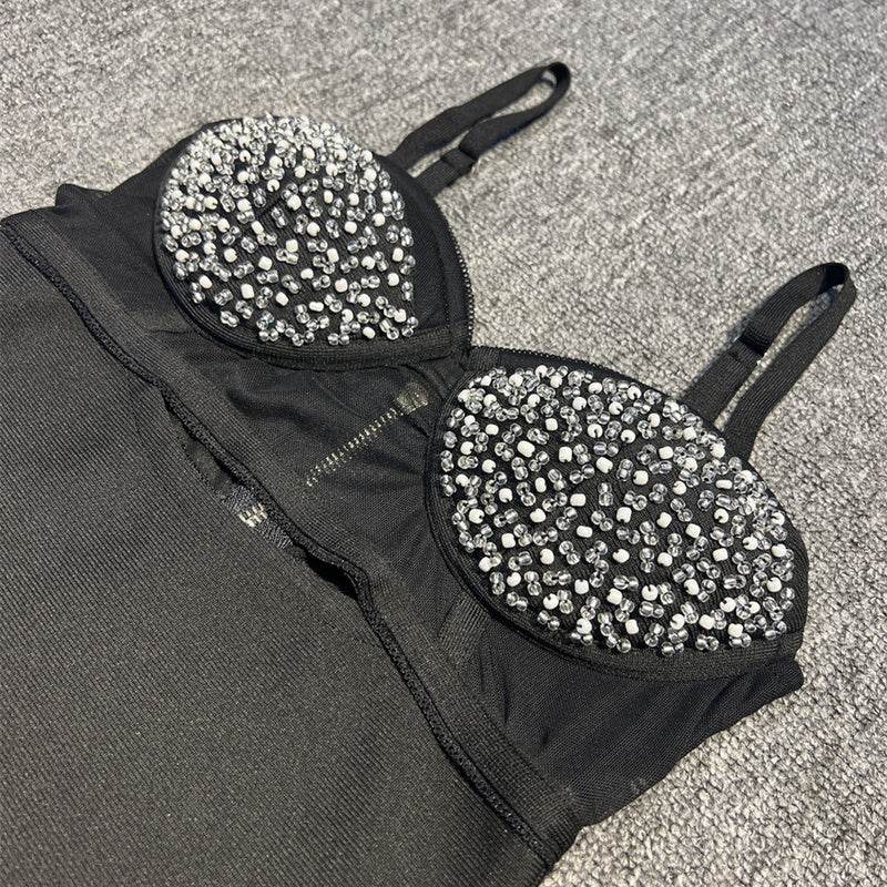 Backless V-neck Sleeveless Beaded Hollow Long Bandage Dress - REBECATHELABEL