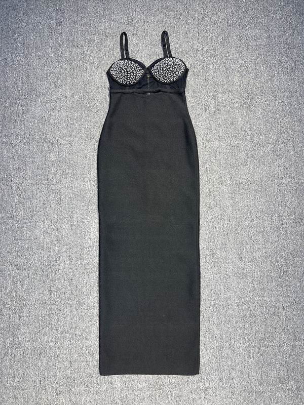 Backless V-neck Sleeveless Beaded Hollow Long Bandage Dress - REBECATHELABEL