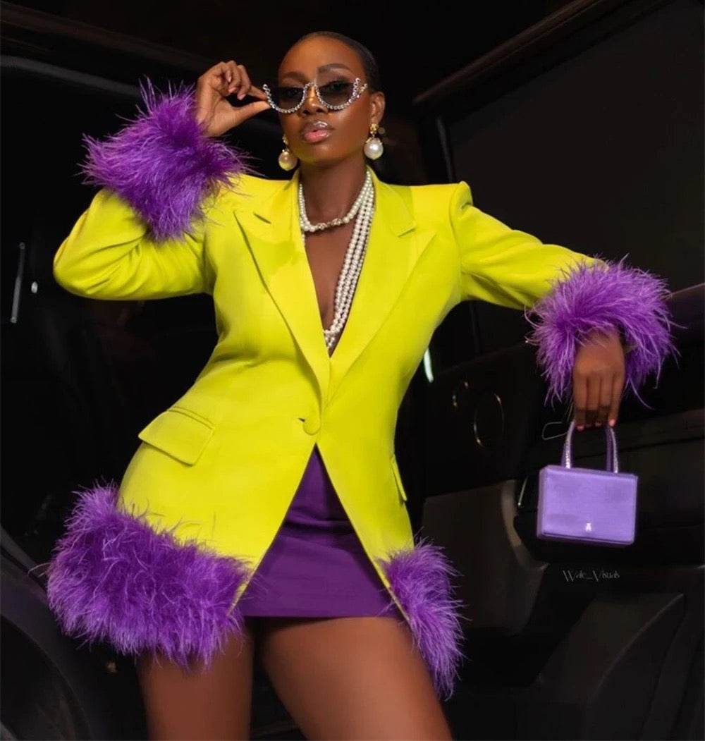 Ball Mini Dress Long Sleeve Purple Yellow Sexy Blazer Dress - REBECATHELABEL