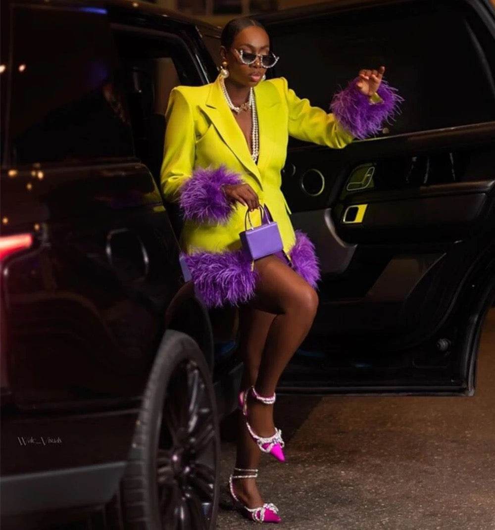 Ball Mini Dress Long Sleeve Purple Yellow Sexy Blazer Dress - REBECATHELABEL