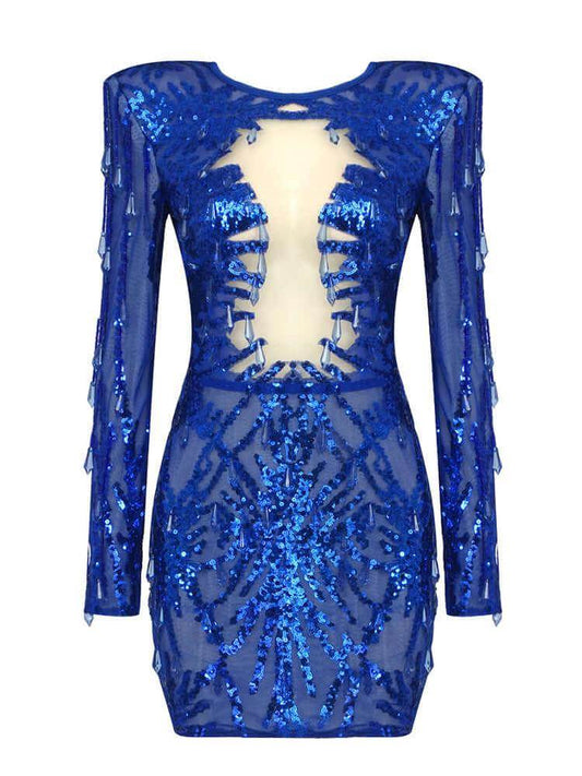 Beaded Blue Sequins Mini Dress - REBECATHELABEL
