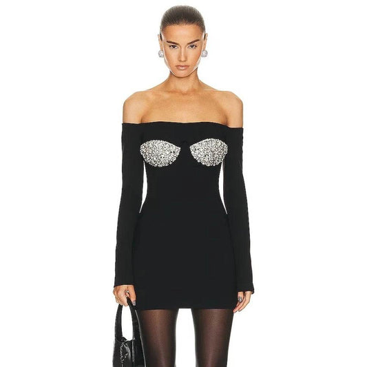 Beaded Diamond Sexy Off Shoulder Long Sleeve Party Dress - REBECATHELABEL